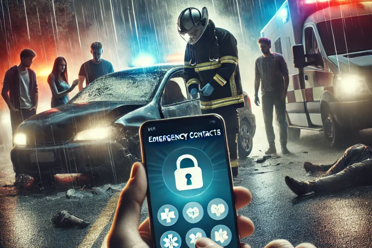 A dramatic image of a car accident scene at night, with emergency lights flashing. A group of teenagers stand near the wreck, looking shocked. In the