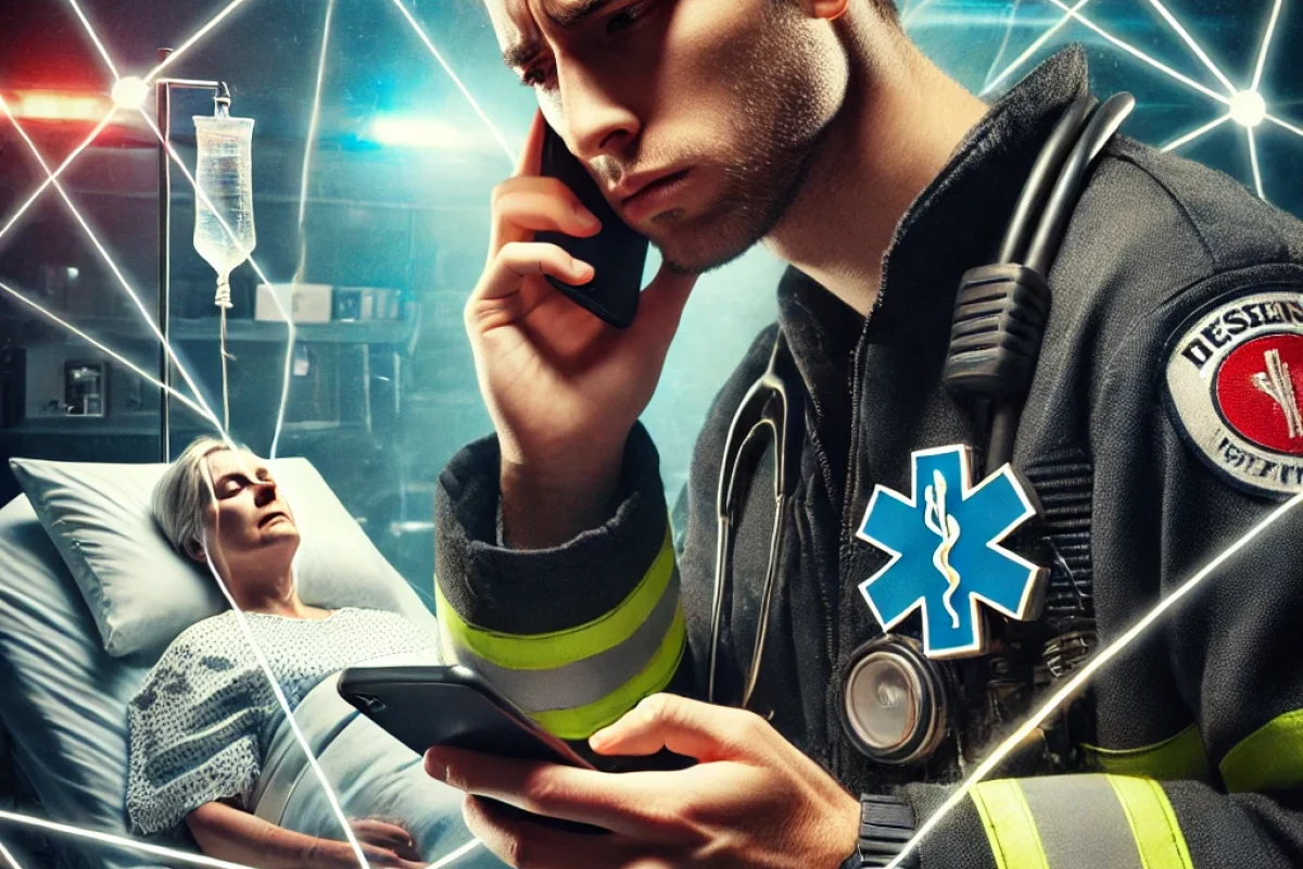 A dramatic image showing a first responder looking frustrated while holding a phone, unable to contact a family member. In the background, a hospital