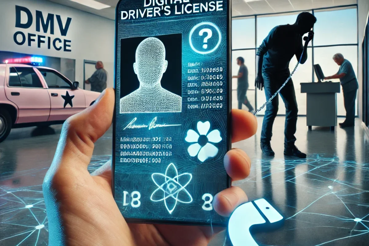 A futuristic digital driver's license displayed on a smartphone screen, with a shadowy, broken connection symbol between the phone and an emergency re