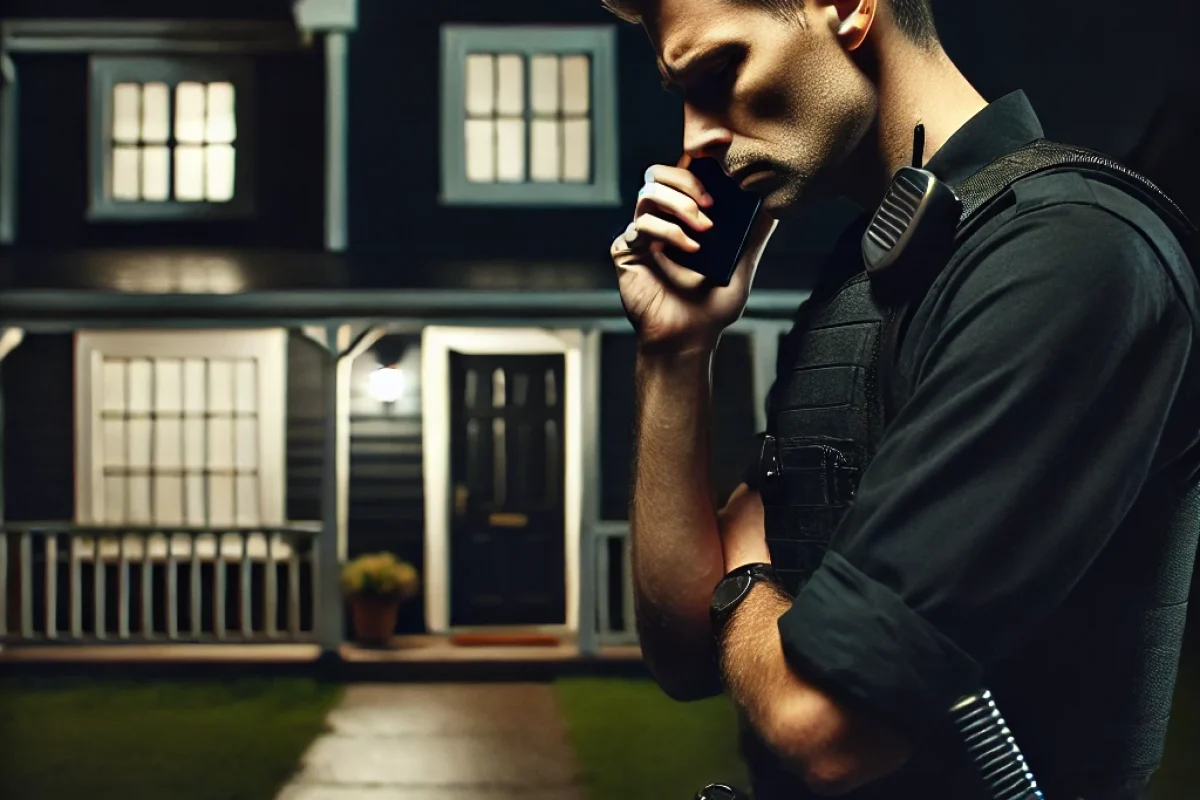 A solemn police officer standing outside a dark and empty house at night, holding a phone to their ear with a heavy expression. The officer looks emot