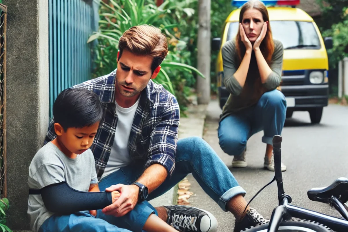 A young child sitting on the sidewalk after falling off their bike, holding their arm in pain. A first responder kneels beside them, looking concerned