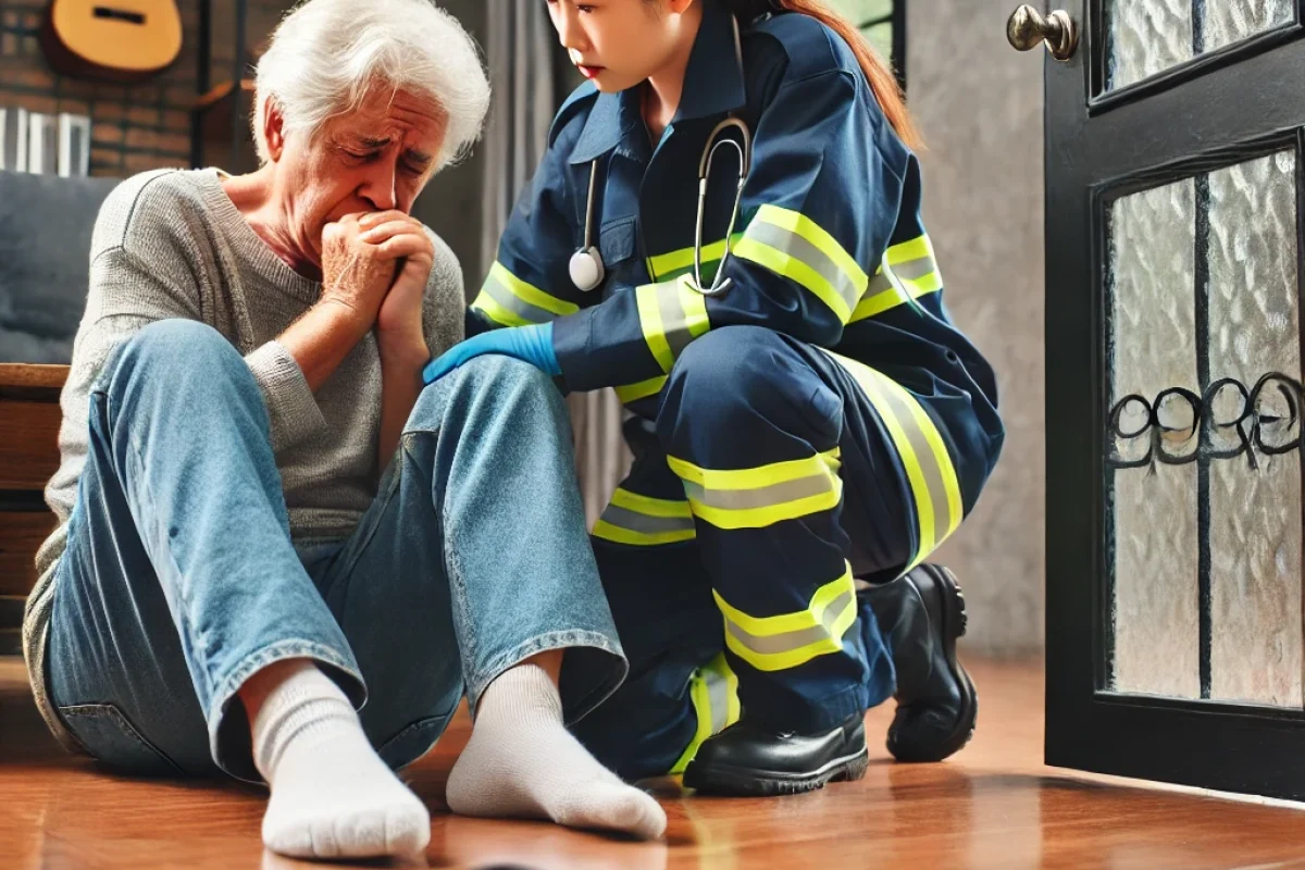 An elderly parent sitting on the floor after a fall, looking distressed. A concerned first responder is assisting them while trying to contact their f